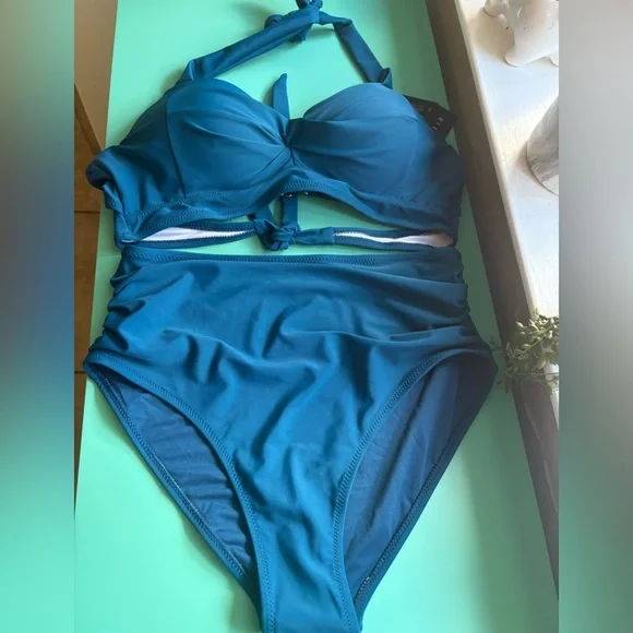 NWT Tempt Me Teal Vintage Swimsuit Retro Halter Ruched High Waist Bikini Set - Picture 10 of 16